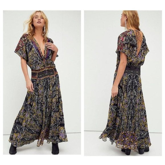 Free People Sheer Floral Embroidered Plunging Neck Back Maxi Dress 2 - Picture 1 of 9